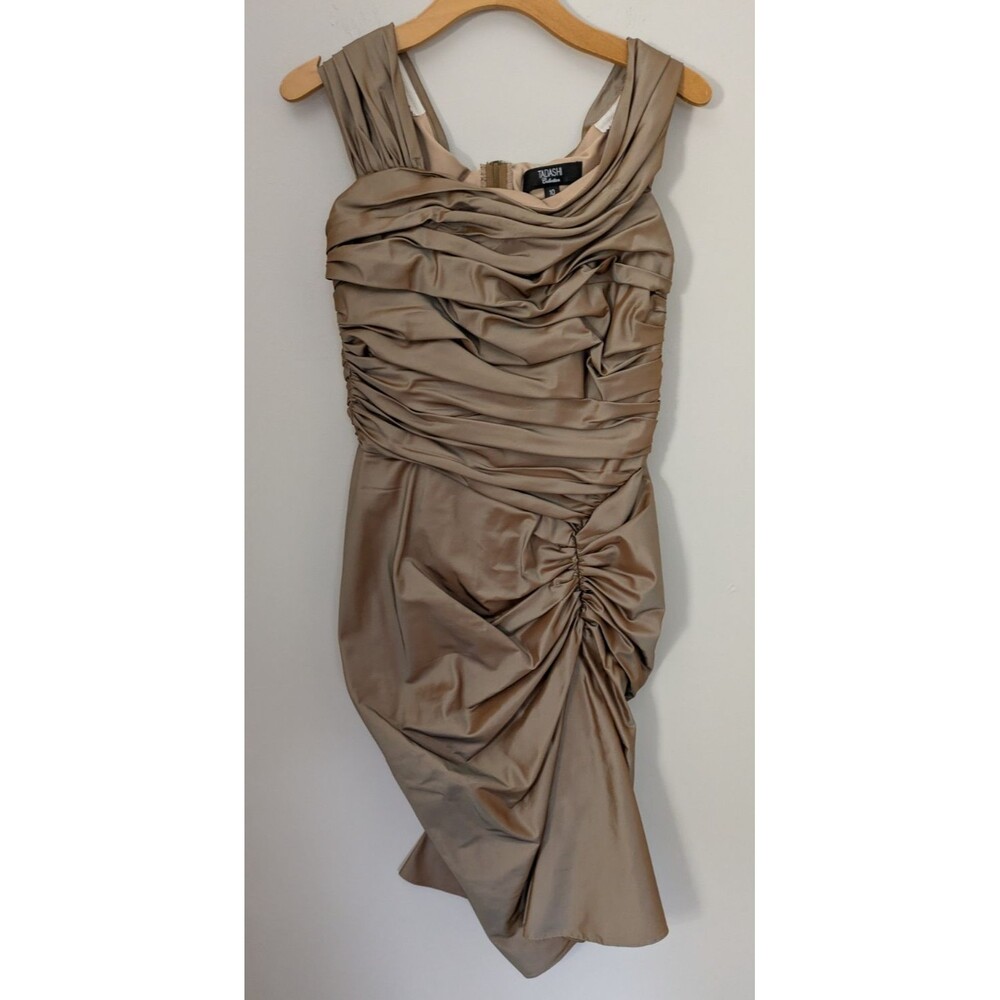Tadashi Collection SZ 10 Brown Ruched Pleated 100% Silk Off-Shoulder Dress MOB